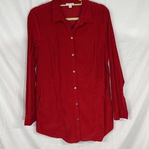 J Jill Red Fine Wale Corduroy Button Front Tunic with Pockets, Medium Tall